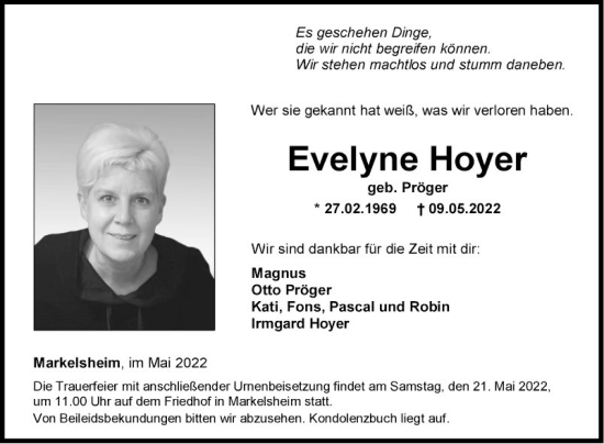 Traueranzeige von Evelyne Hoyer von Fränkische Nachrichten