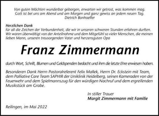 Traueranzeige von Franz Zimmermann von Schwetzinger Zeitung