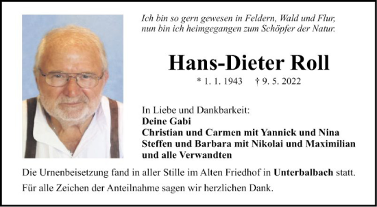 Traueranzeige von Hans-Dieter Roll von Fränkische Nachrichten