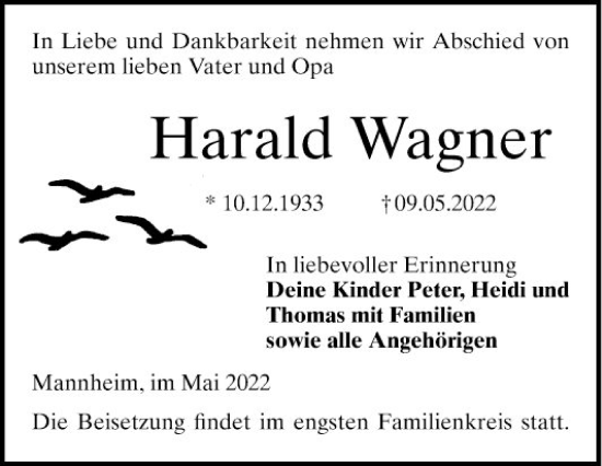Traueranzeige von Harald Wagner von Mannheimer Morgen