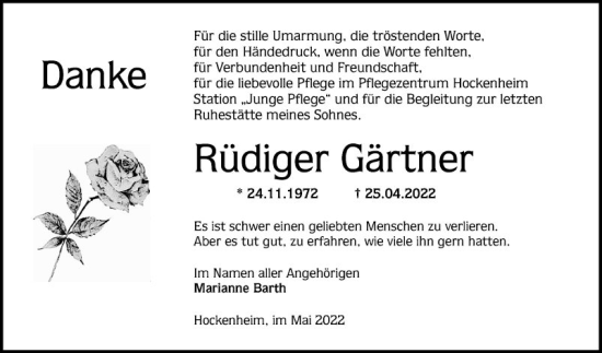Traueranzeige von Rüdiger Gärtner von Schwetzinger Zeitung