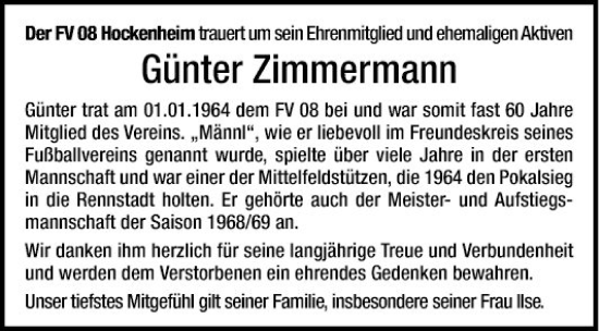 Traueranzeige von Günter Zimmermann von Schwetzinger Zeitung