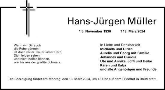 Traueranzeige von Hans-Jürgen Müller von Schwetzinger Zeitung
