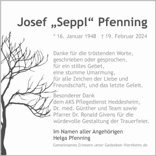 Traueranzeige von Josef Pfenning von Mannheimer Morgen