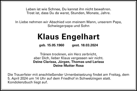 Traueranzeige von Klaus Engelhardt von Schwetzinger Zeitung