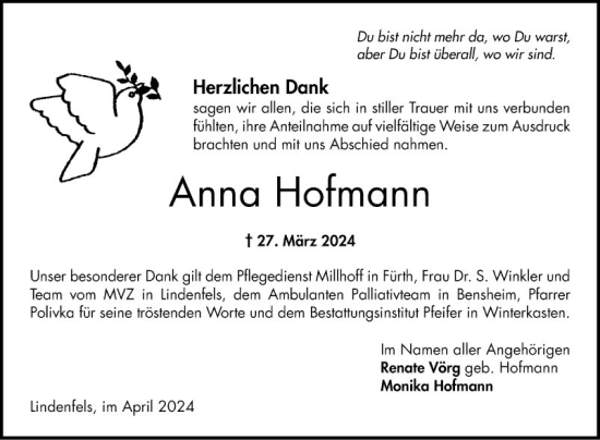 Traueranzeige von Anna Hofmann von Bergsträßer Anzeiger
