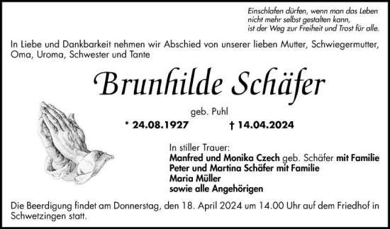 Traueranzeige von Brunhilde  Schäfer von Schwetzinger Zeitung