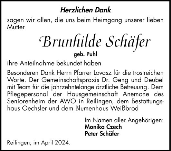 Traueranzeige von Brunhilde  Schäfer von Schwetzinger Zeitung