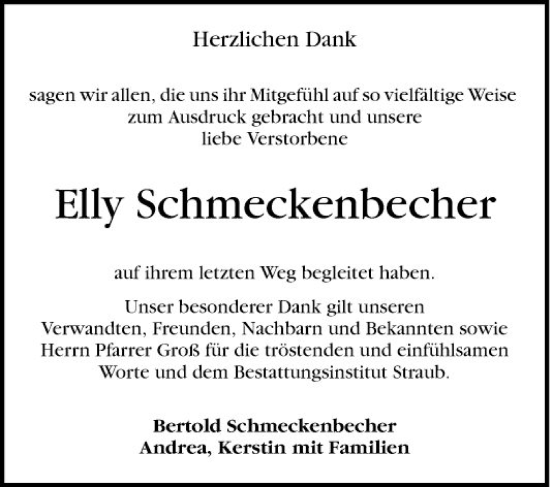 Traueranzeige von Elly Schmeckenbecher von Schwetzinger Zeitung