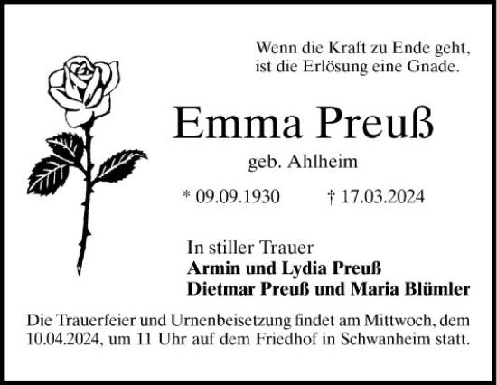 Traueranzeige von Emma Preuß von Bergsträßer Anzeiger