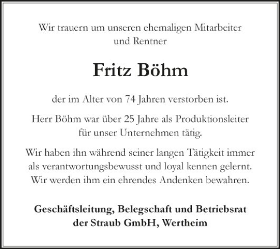 Traueranzeige von Fritz Böhm von Fränkische Nachrichten