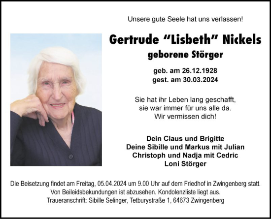 Traueranzeige von Gertrude Lislieth Nickels von Bergsträßer Anzeiger