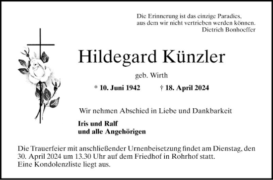 Traueranzeige von Hildegard Künzler von Schwetzinger Zeitung