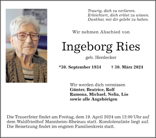 Traueranzeige von Ingeborg Ries von Mannheimer Morgen
