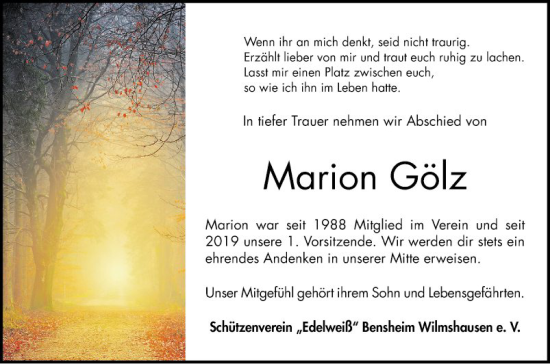 Traueranzeige von Marion Gölz von Bergsträßer Anzeiger