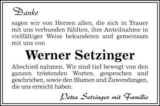 Traueranzeige von Werner Setzinger von Bergsträßer Anzeiger