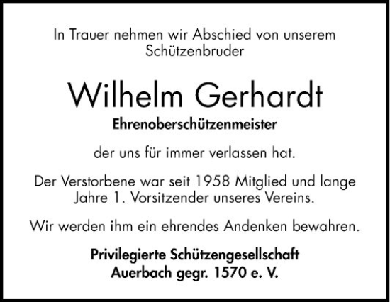 Traueranzeige von Wilhelm Gerhardt von Bergsträßer Anzeiger