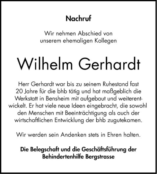 Traueranzeige von Wilhelm Gerhardt von Bergsträßer Anzeiger