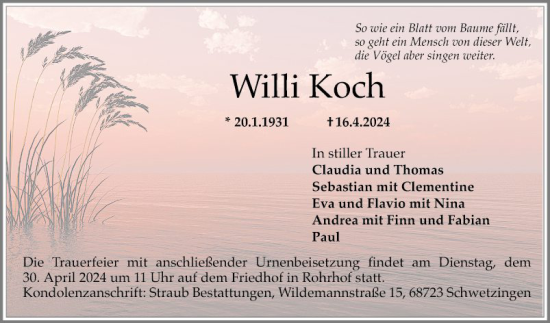 Traueranzeige von Willi Koch von Schwetzinger Zeitung