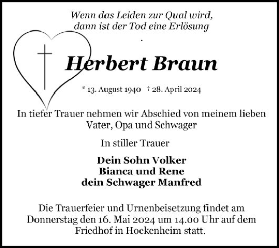 Traueranzeige von Herbert Braun von Schwetzinger Zeitung