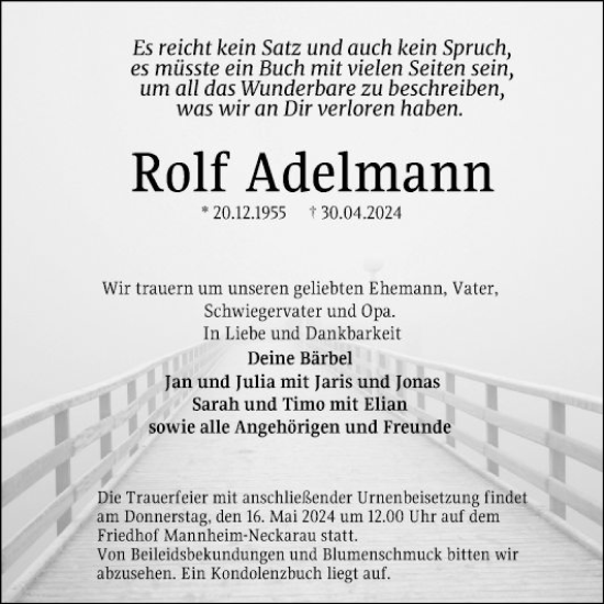 Traueranzeige von Rolf Adelmann von Mannheimer Morgen